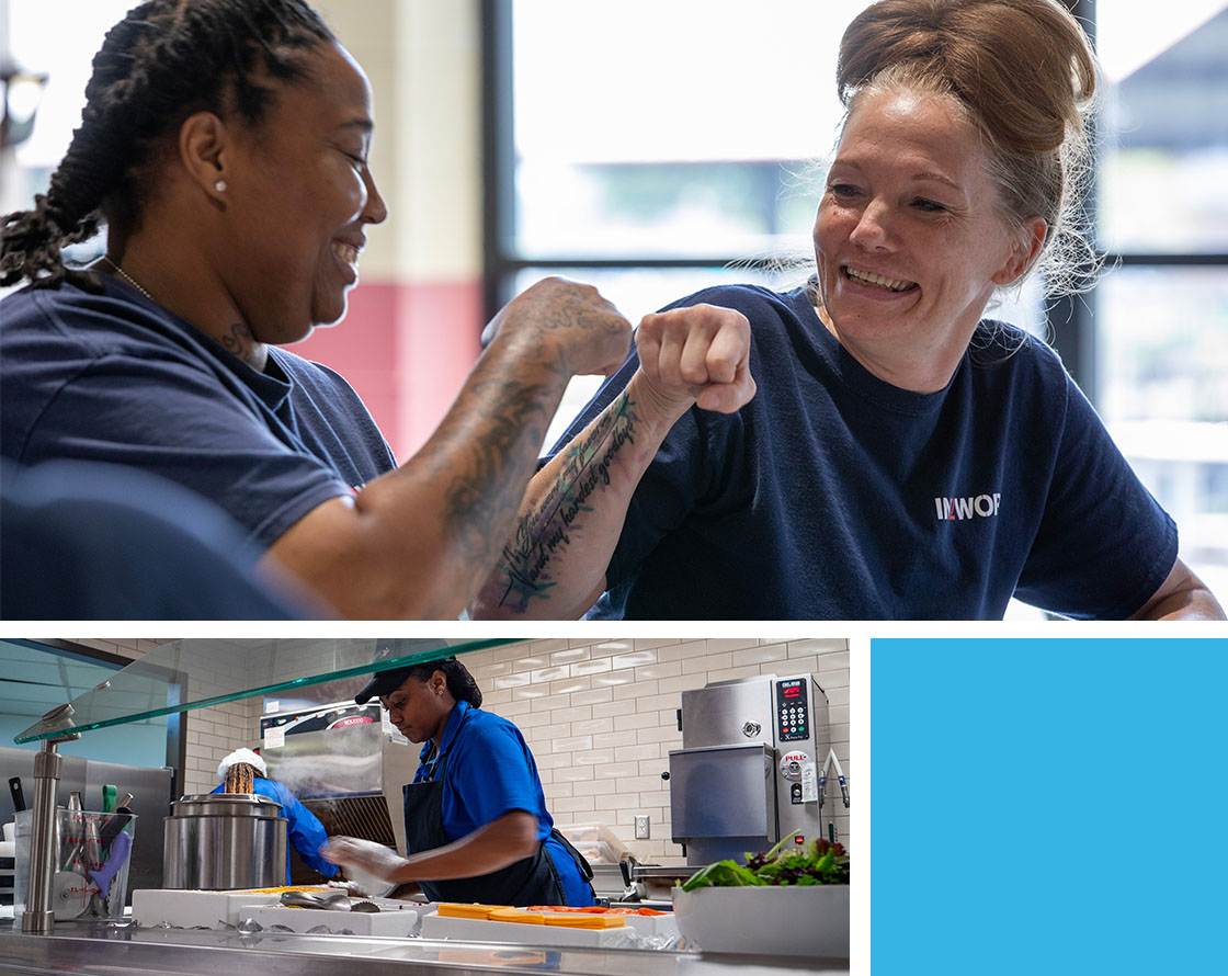 Smiling IN2WORK fellows bump fists, and aproned employees prepare food at a salad bar.
